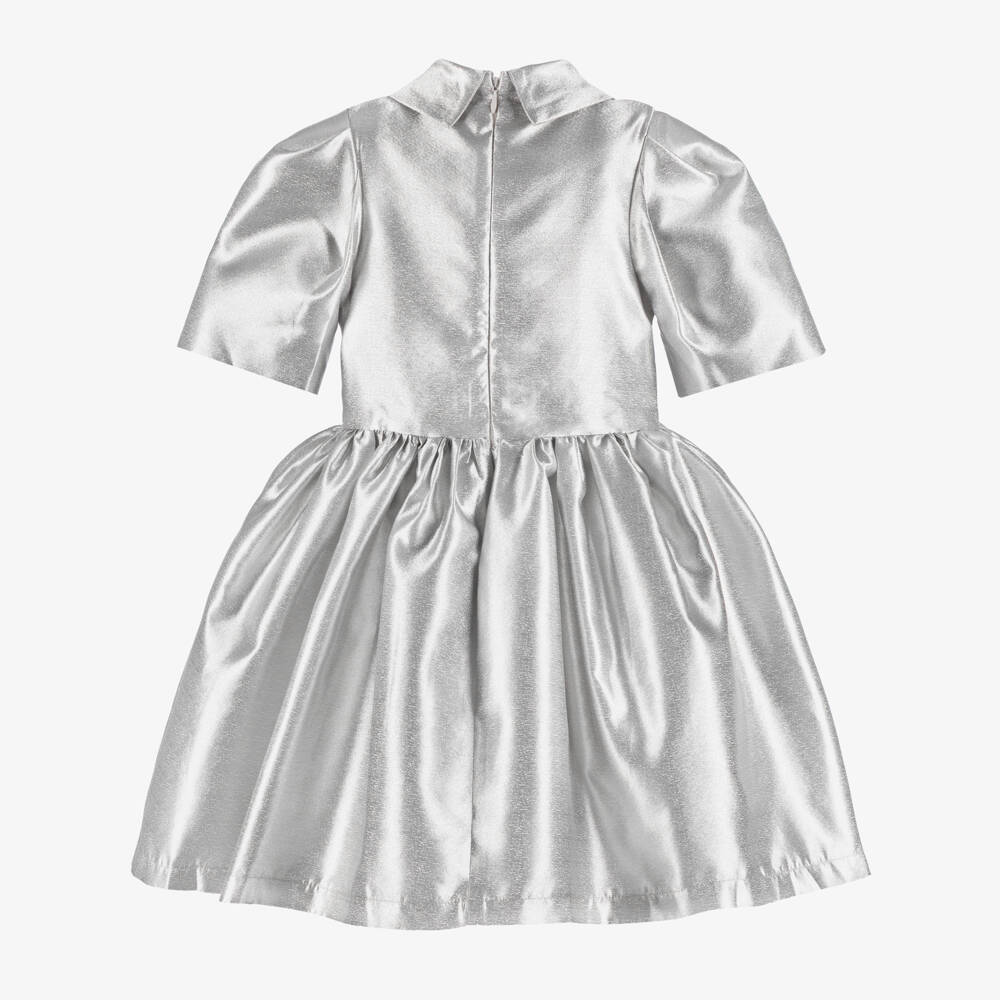 Mama Luma-Платье из серебристого атласа металлик с блестящими бантами для девочек | Childrensalon