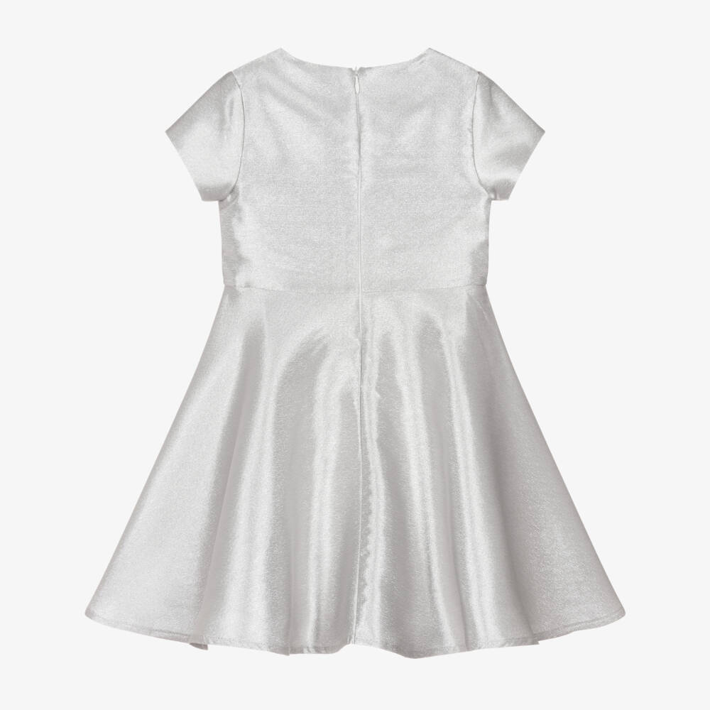 Mama Luma-Girls Metallic Silver Satin Dress with Rose Appliqué | Childrensalon