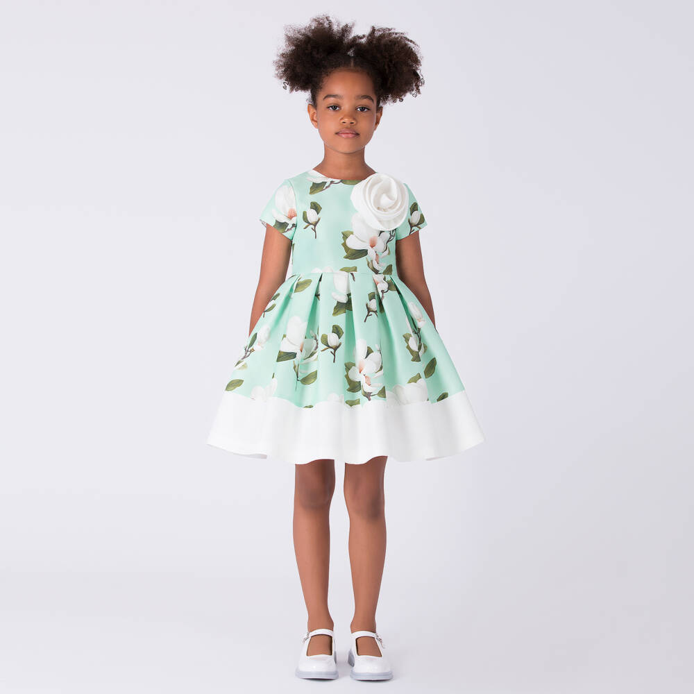 Mama Luma-Girls Mint Green Dress with Magnolia Print | Childrensalon