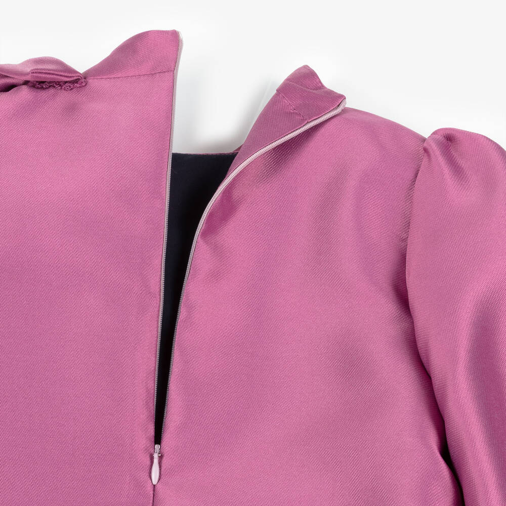 Mama Luma-Girls Mulberry Pink Satin Dress with Appliqué Flowers | Childrensalon