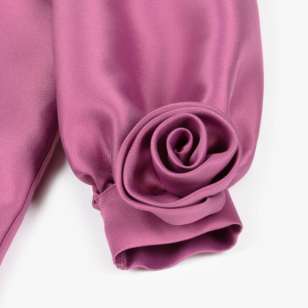 Mama Luma-Girls Mulberry Pink Satin Dress with Appliqué Flowers | Childrensalon