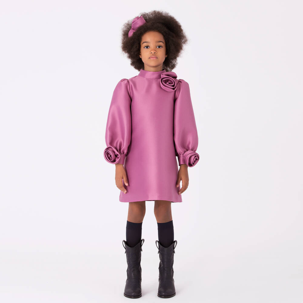 Mama Luma-Girls Mulberry Pink Satin Dress with Appliqué Flowers | Childrensalon