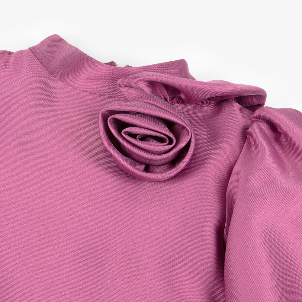 Mama Luma-Girls Mulberry Pink Satin Dress with Appliqué Flowers | Childrensalon