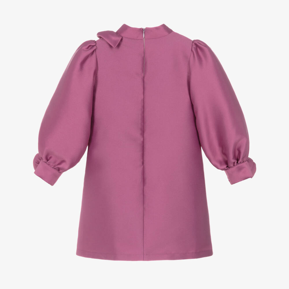 Mama Luma-Girls Mulberry Pink Satin Dress with Appliqué Flowers | Childrensalon