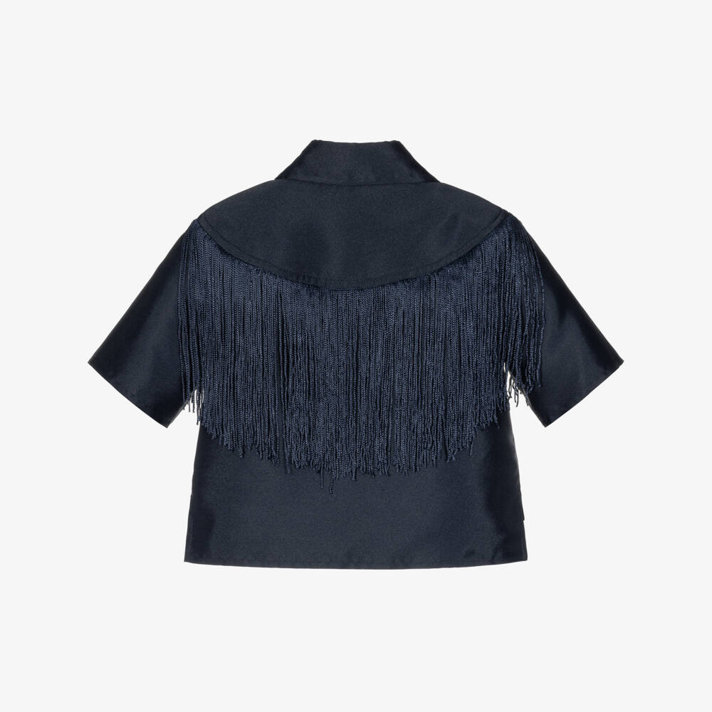 Mama Luma-Girls Navy Blue Blouse with Fringing | Childrensalon