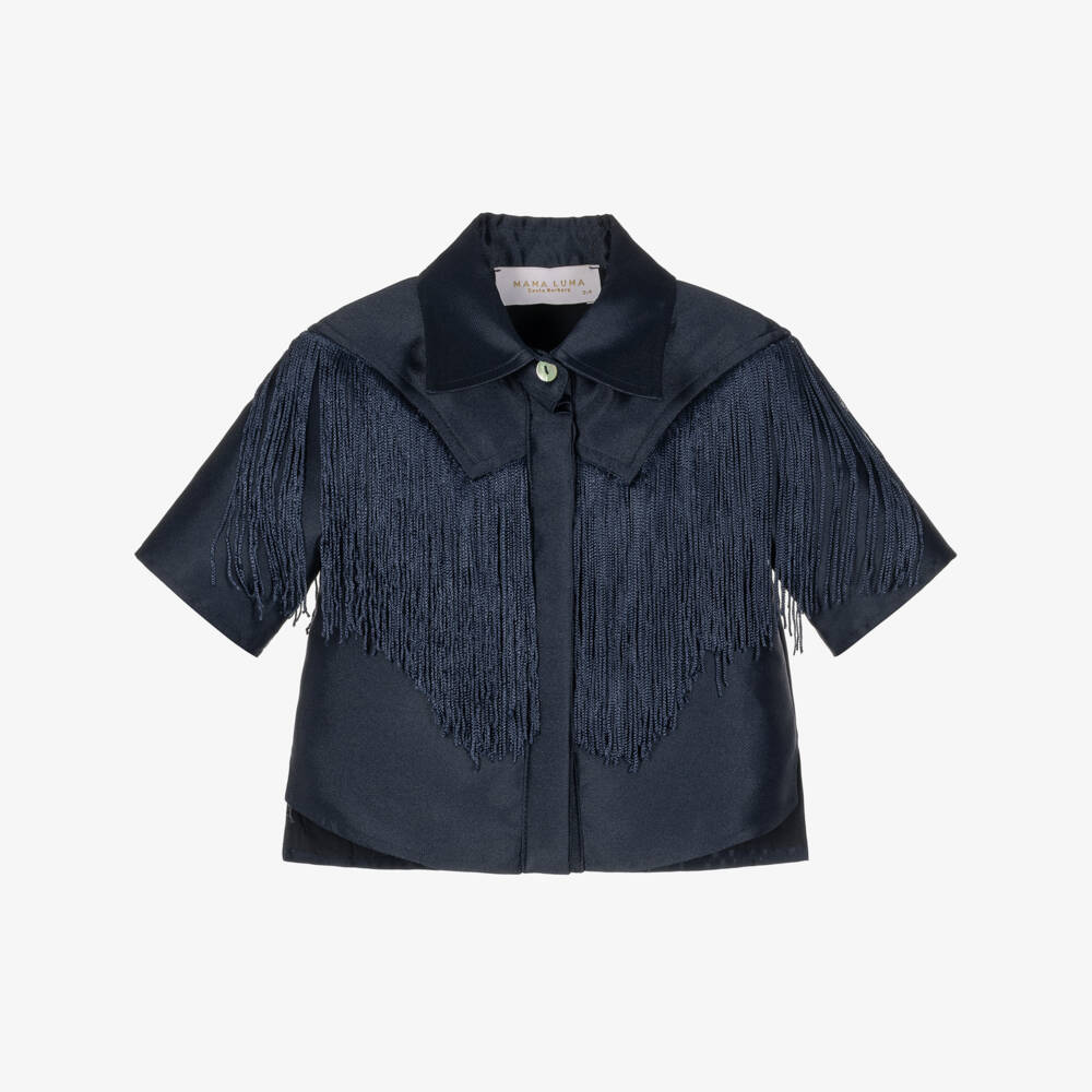 Mama Luma-Girls Navy Blue Blouse with Fringing | Childrensalon