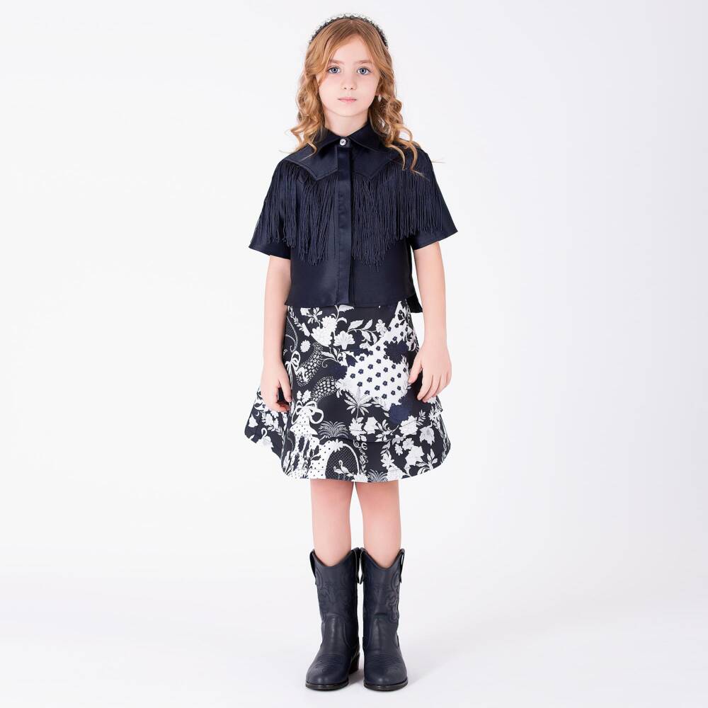Mama Luma-Girls Navy Blue Blouse with Fringing | Childrensalon