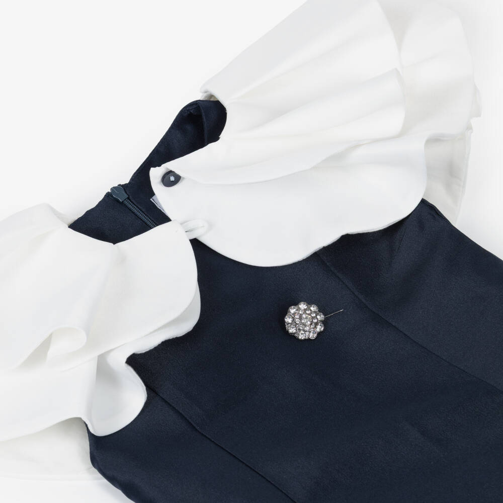 Mama Luma-Girls Navy Blue Satin Dress with Detachable Collar | Childrensalon