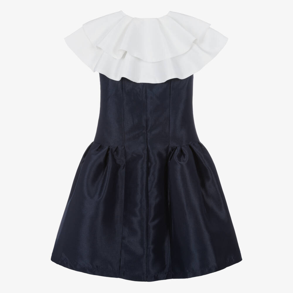 Mama Luma-Girls Navy Blue Satin Dress with Detachable Collar | Childrensalon