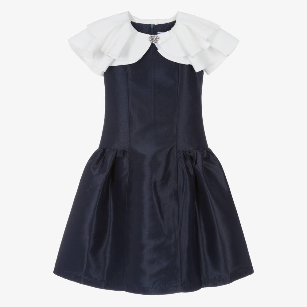 Mama Luma-Girls Navy Blue Satin Dress with Detachable Collar | Childrensalon