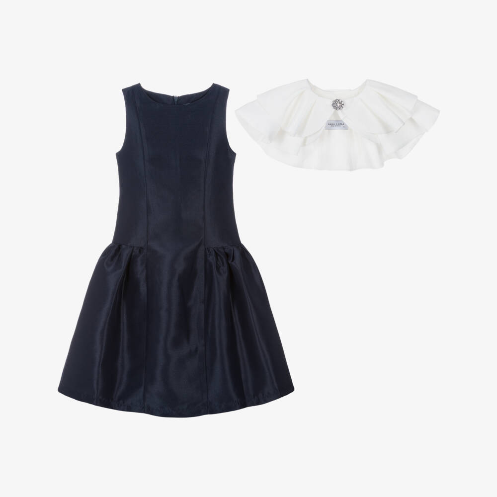 Mama Luma-Girls Navy Blue Satin Dress with Detachable Collar | Childrensalon