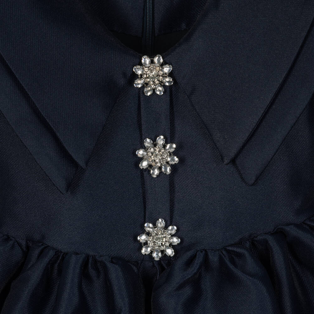 Mama Luma-Girls Navy Blue Satin Dress with Diamanté Buttons | Childrensalon