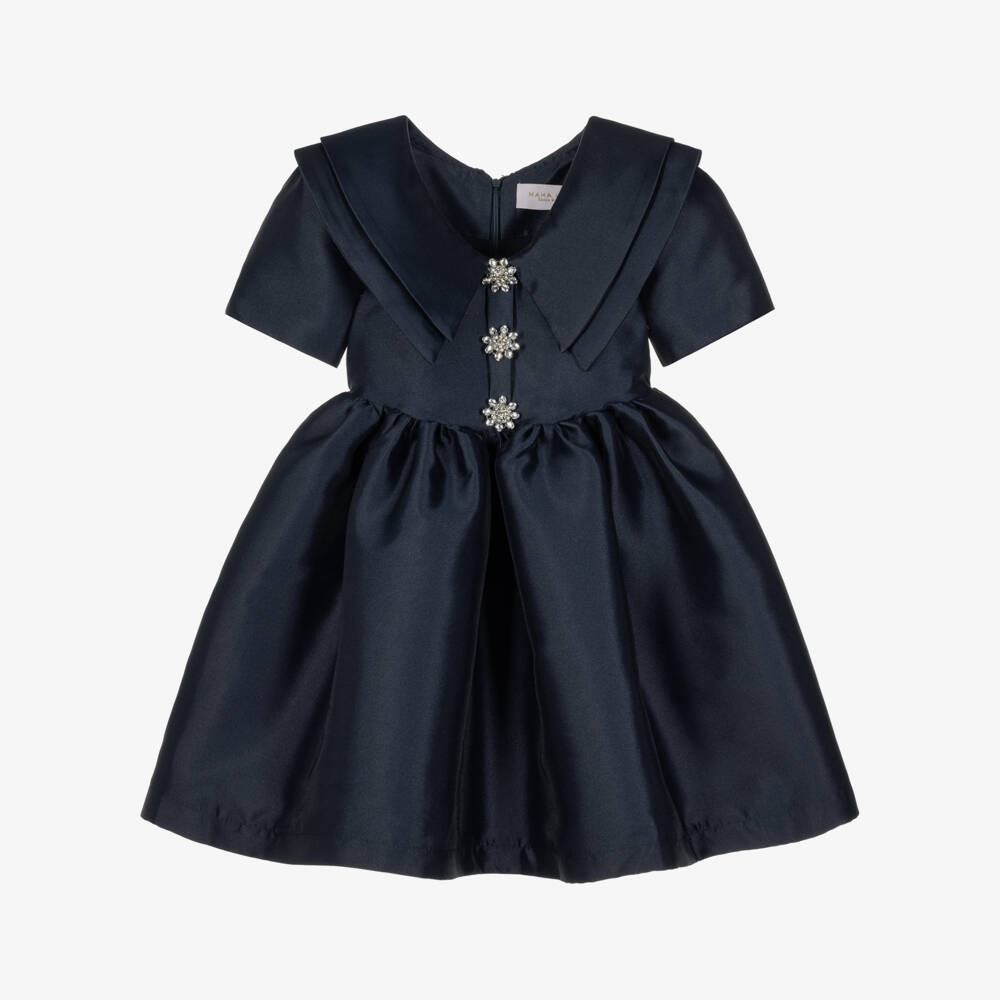 Mama Luma-Girls Navy Blue Satin Dress with Diamanté Buttons | Childrensalon