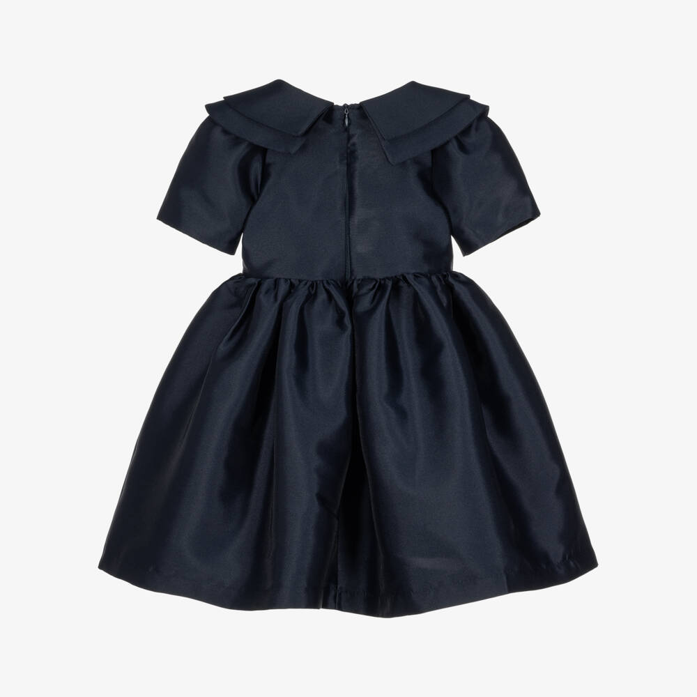 Mama Luma-Girls Navy Blue Satin Dress with Diamanté Buttons | Childrensalon