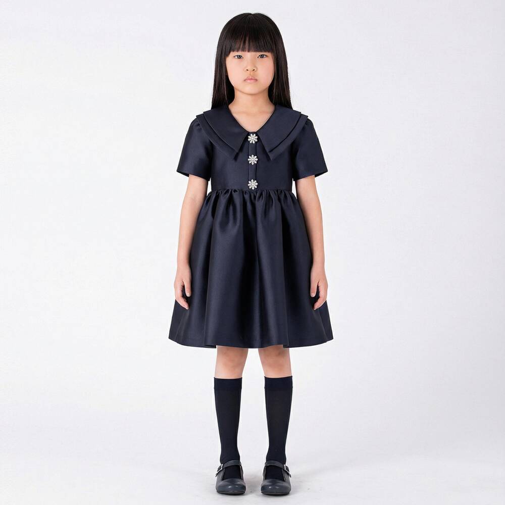 Mama Luma-Girls Navy Blue Satin Dress with Diamanté Buttons | Childrensalon