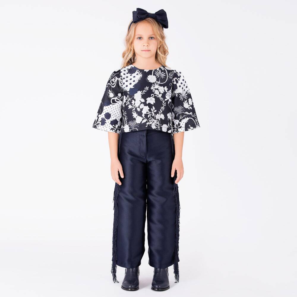 Mama Luma-Girls Navy Blue Satin Trousers with Fringing | Childrensalon