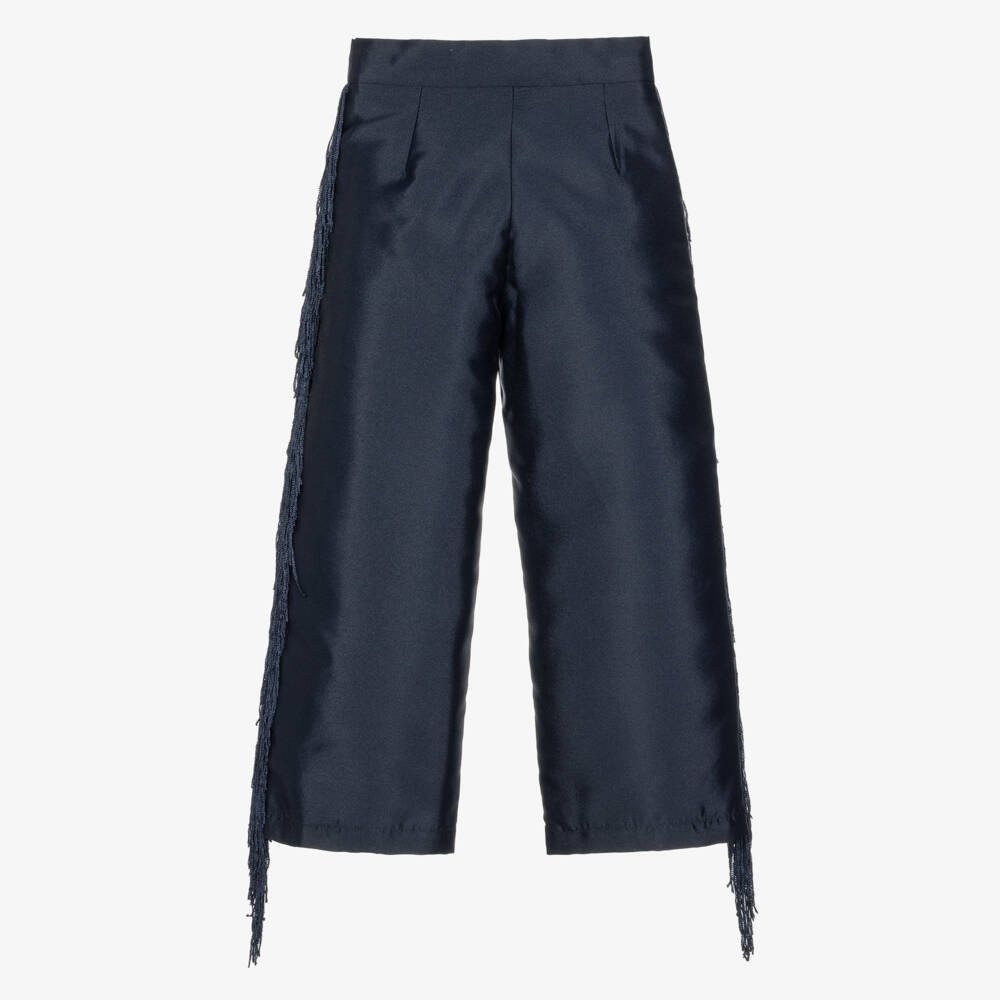 Mama Luma-Girls Navy Blue Satin Trousers with Fringing | Childrensalon