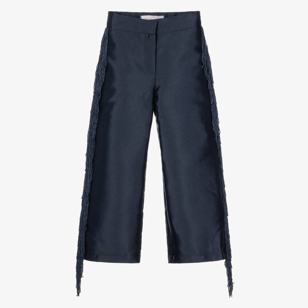 Mama Luma-Girls Navy Blue Satin Trousers with Fringing | Childrensalon