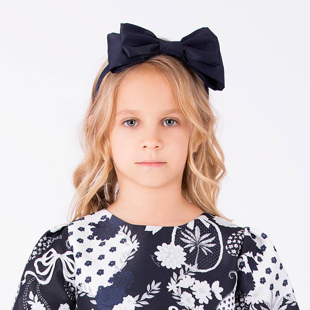 Mama Luma-Girls Navy Blue Satin Twill Bow Hairband | Childrensalon