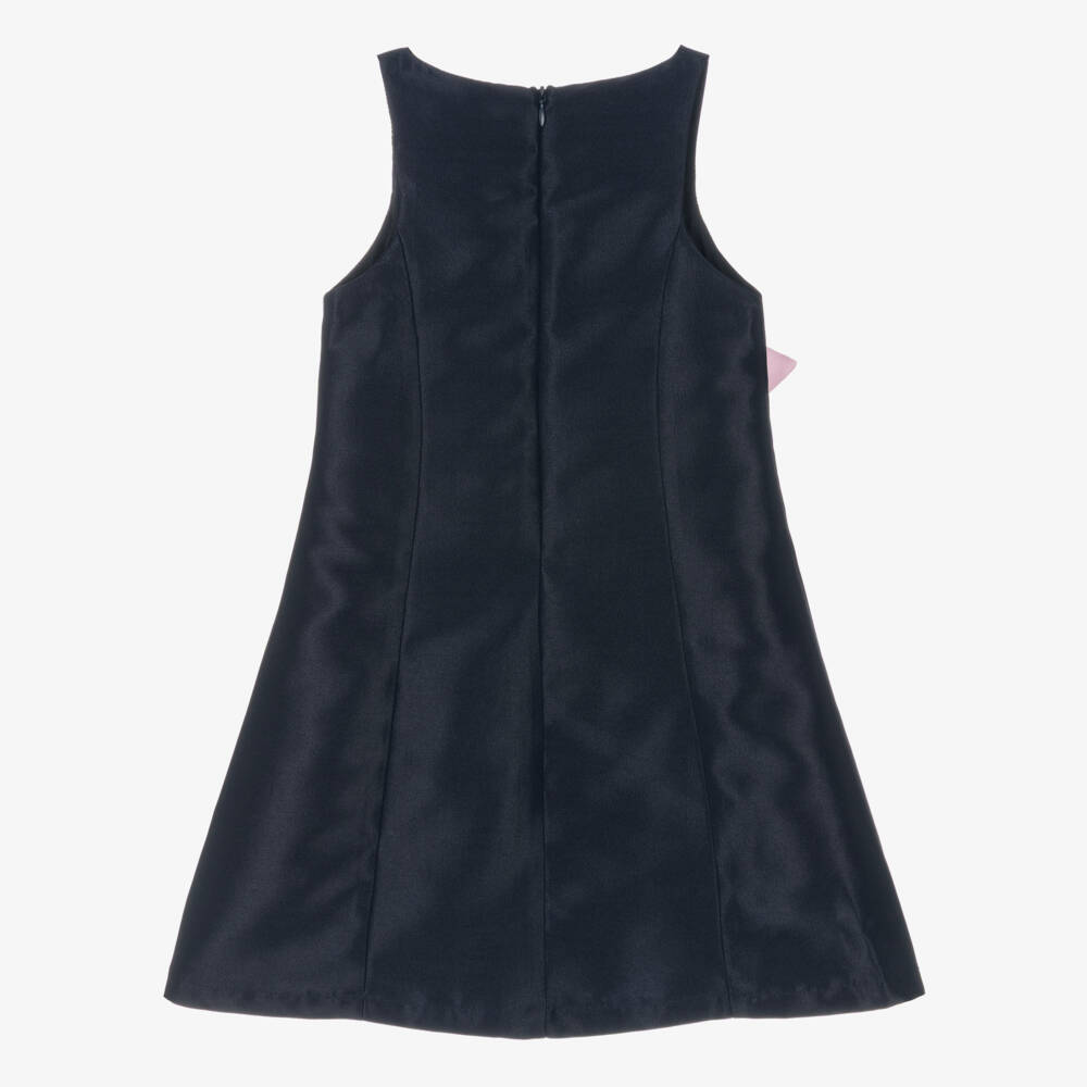 Mama Luma-Girls Navy Blue Sleeveless Satin Dress with Pink Bow | Childrensalon