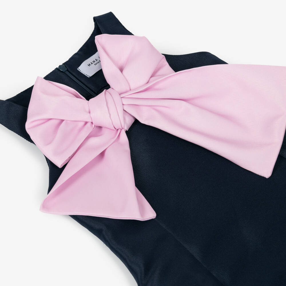 Mama Luma-Girls Navy Blue Sleeveless Satin Dress with Pink Bow | Childrensalon