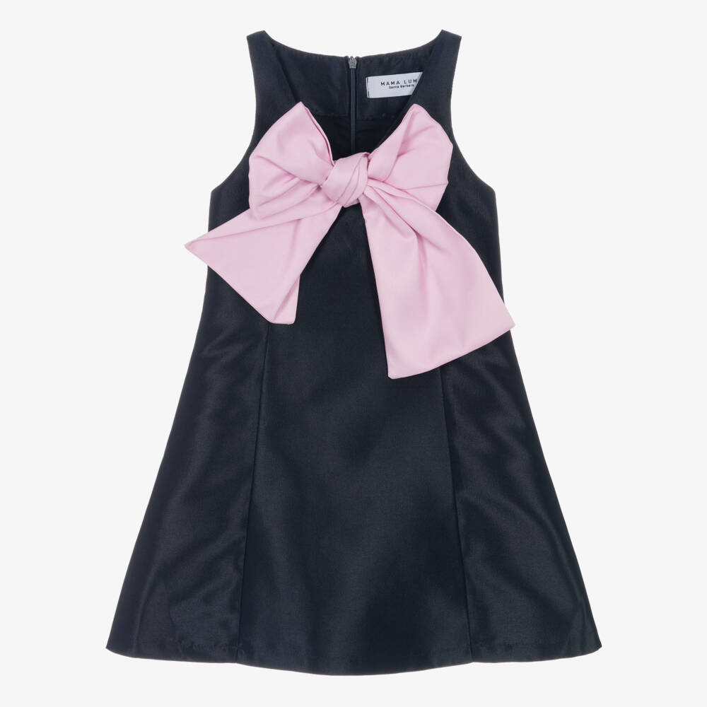 Mama Luma-Girls Navy Blue Sleeveless Satin Dress with Pink Bow | Childrensalon