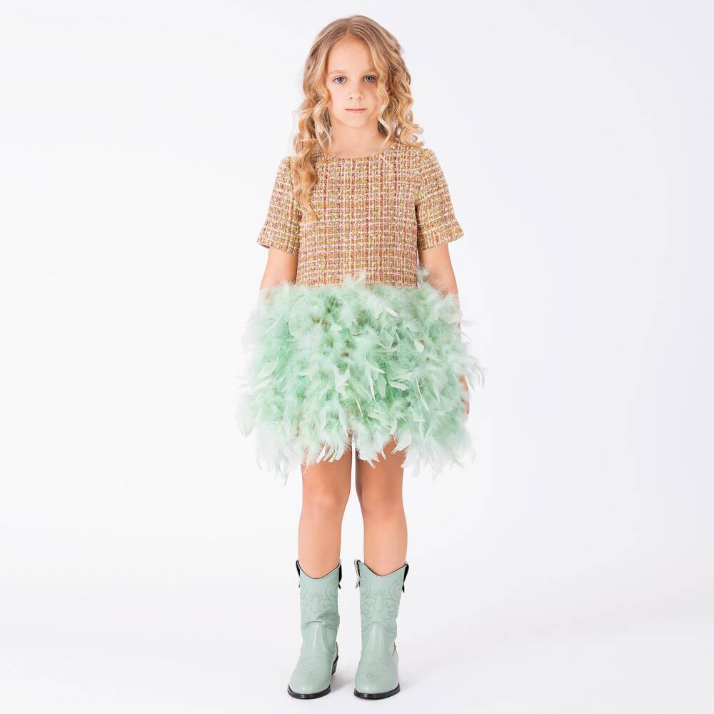 Mama Luma-Girls Orange Tweed Dress with Feathers | Childrensalon