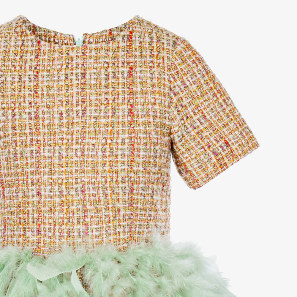 Mama Luma-Girls Orange Tweed Dress with Feathers | Childrensalon