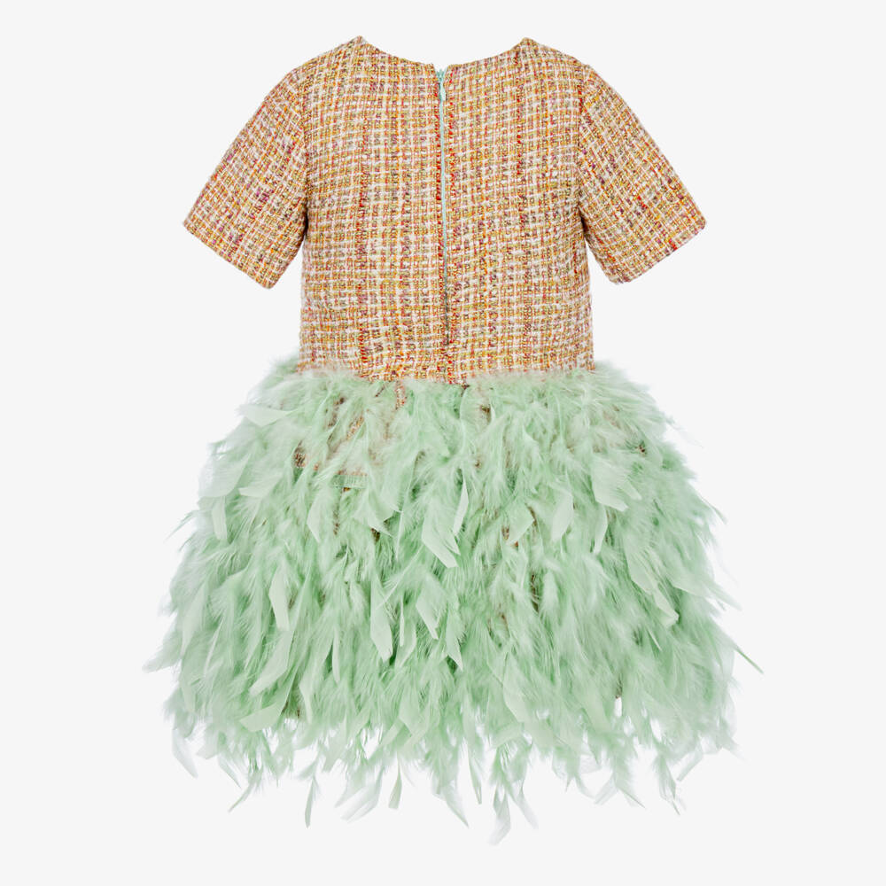 Mama Luma-Girls Orange Tweed Dress with Feathers | Childrensalon