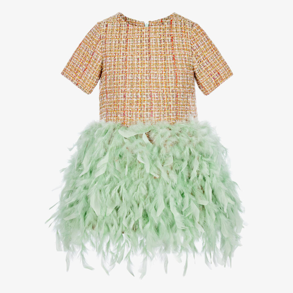 Mama Luma-Girls Orange Tweed Dress with Feathers | Childrensalon