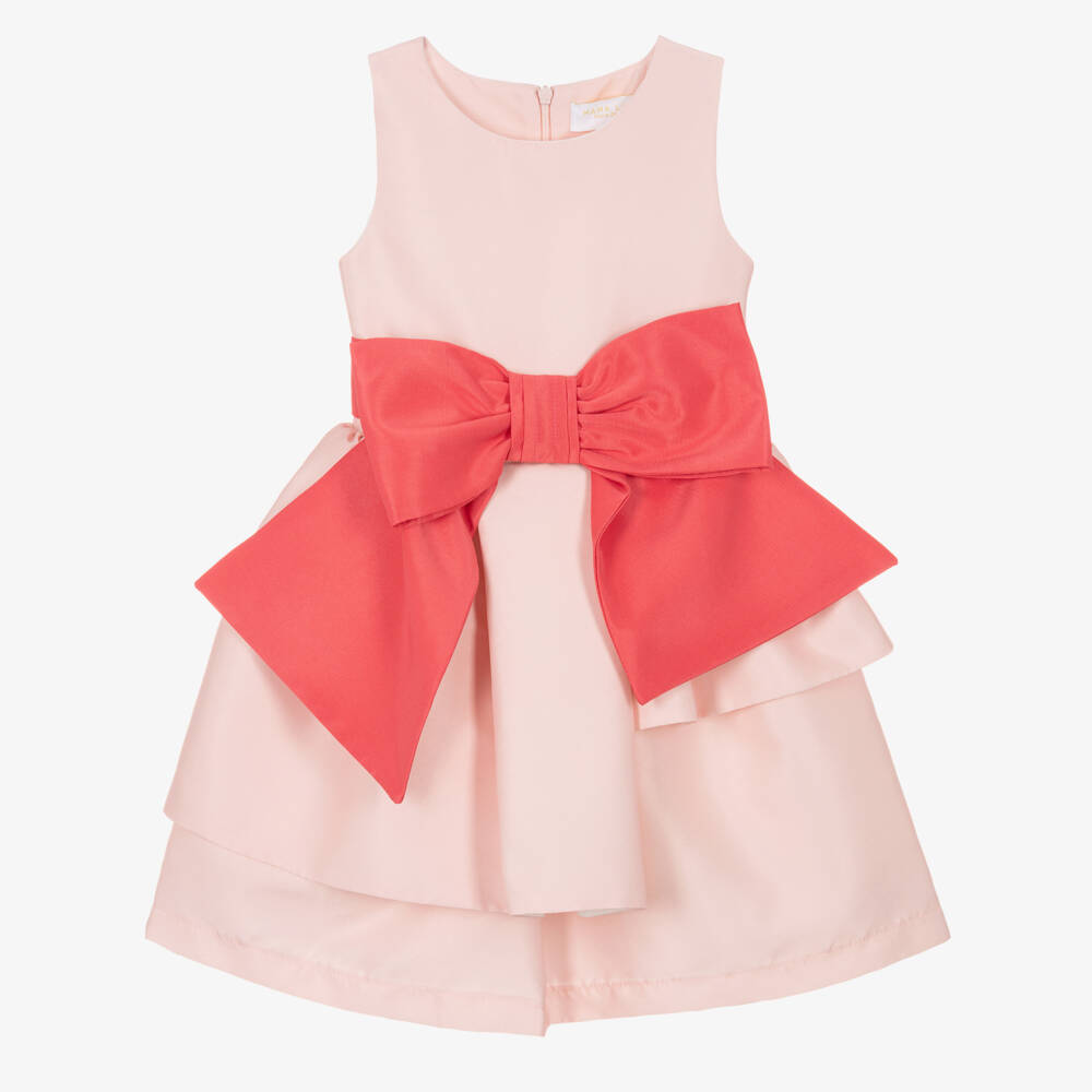 Mama Luma-Girls Pale Pink Satin Dress with Coral Red Bow | Childrensalon