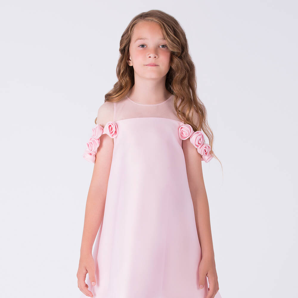 Mama Luma-Girls Pale Pink Satin Dress with Rose Straps | Childrensalon