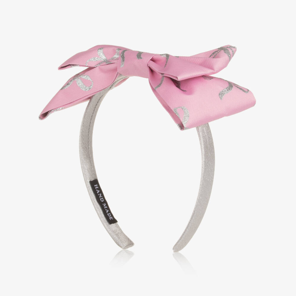 Mama Luma-Girls Pink Bow Hairband with Silver Bow Print | Childrensalon