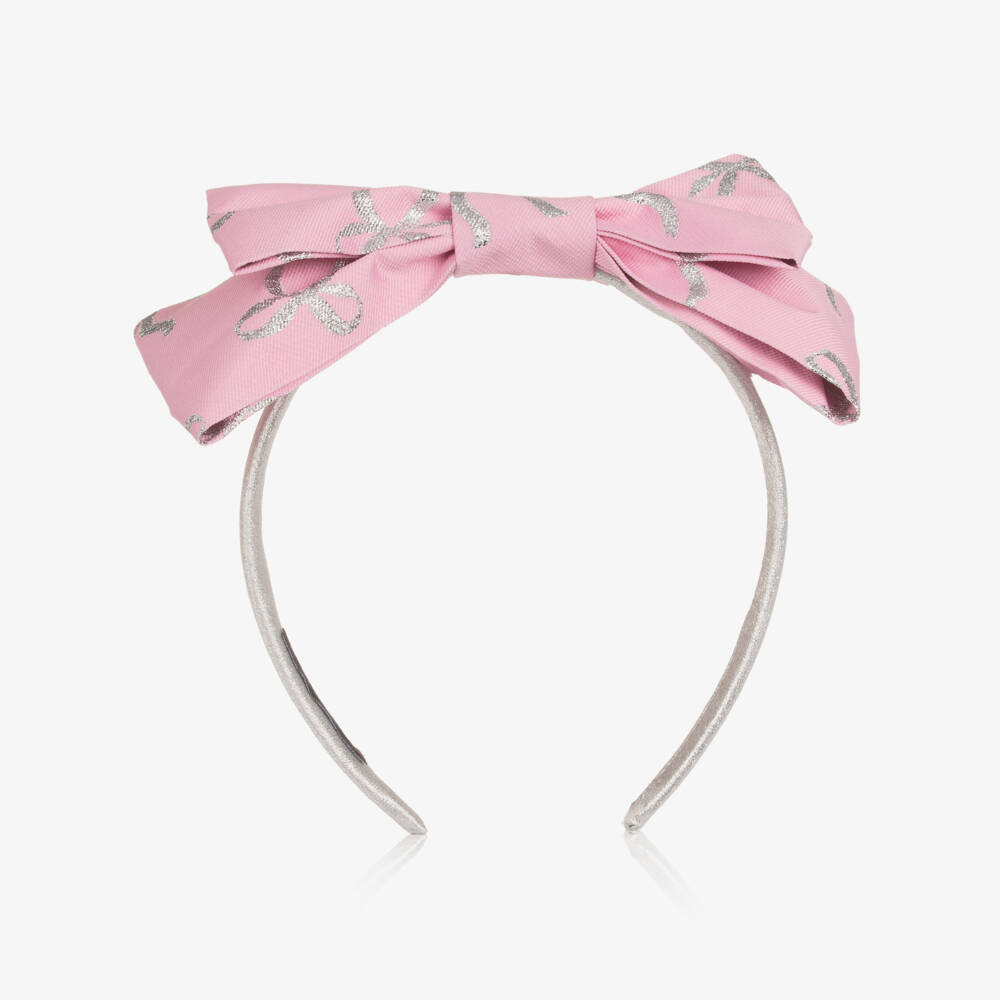 Mama Luma-Girls Pink Bow Hairband with Silver Bow Print | Childrensalon