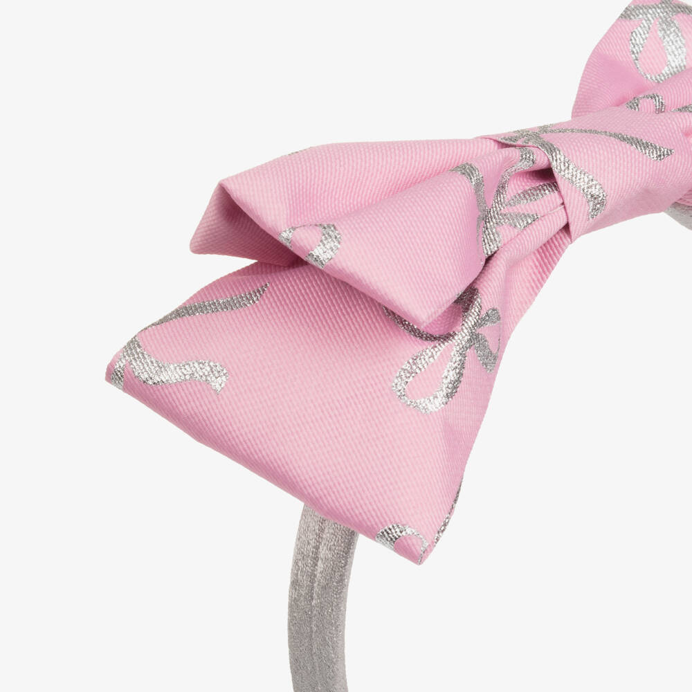 Mama Luma-Girls Pink Bow Hairband with Silver Bow Print | Childrensalon