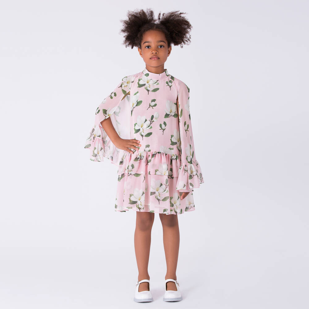 Mama Luma-فستان شيفون بطبعة ماغنوليا لون زهري للبنات | Childrensalon