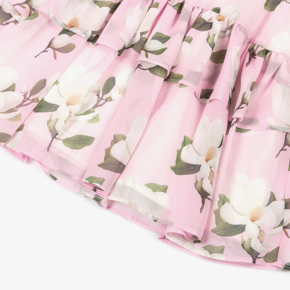 Mama Luma-Girls Pink Chiffon Dress with Magnolia Print | Childrensalon