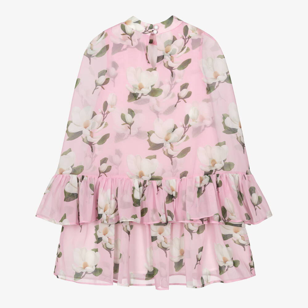 Mama Luma-Girls Pink Chiffon Dress with Magnolia Print | Childrensalon