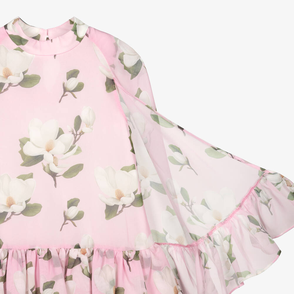 Mama Luma-Girls Pink Chiffon Dress with Magnolia Print | Childrensalon