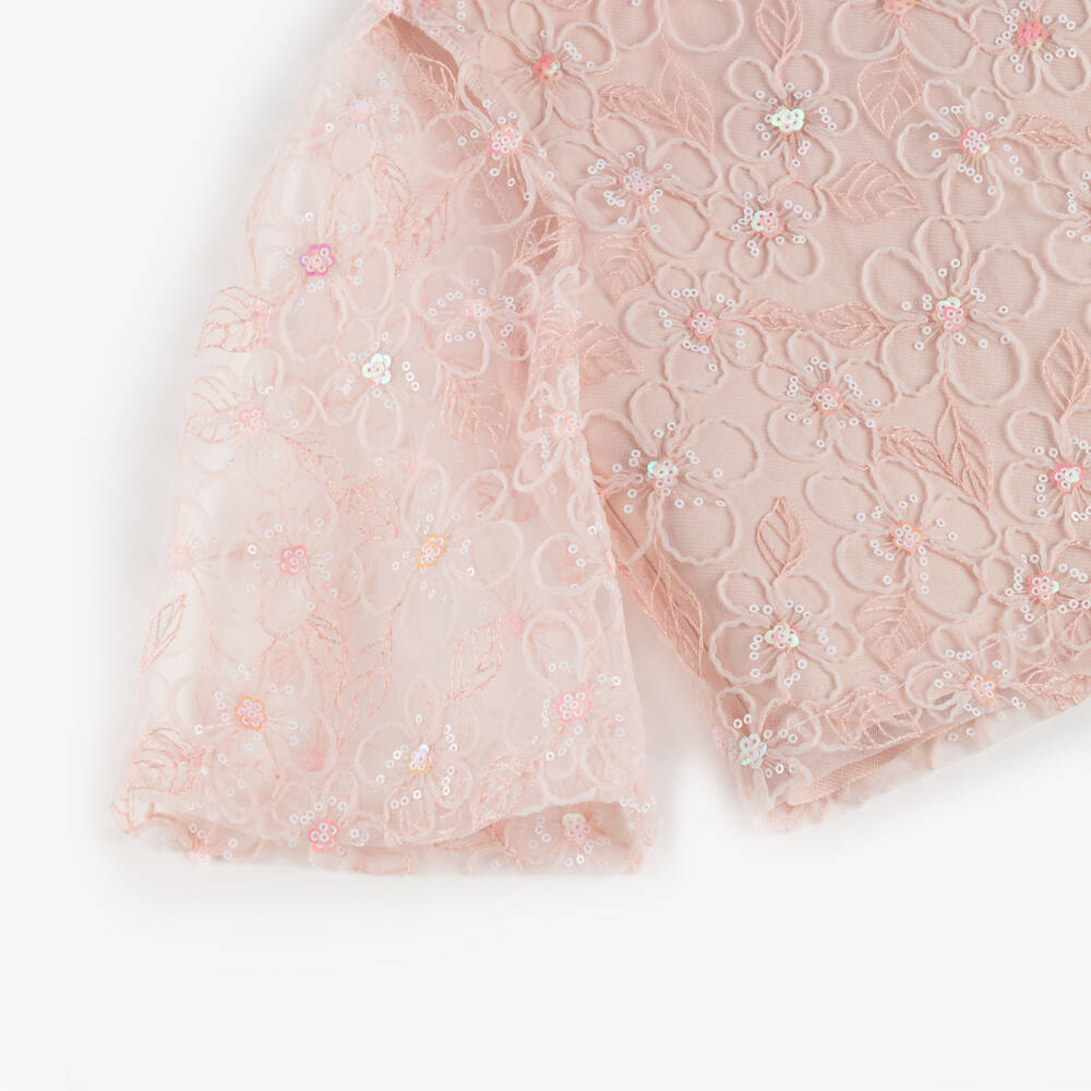 Mama Luma-Girls Pink Floral Tulle Blouse with Sequins | Childrensalon
