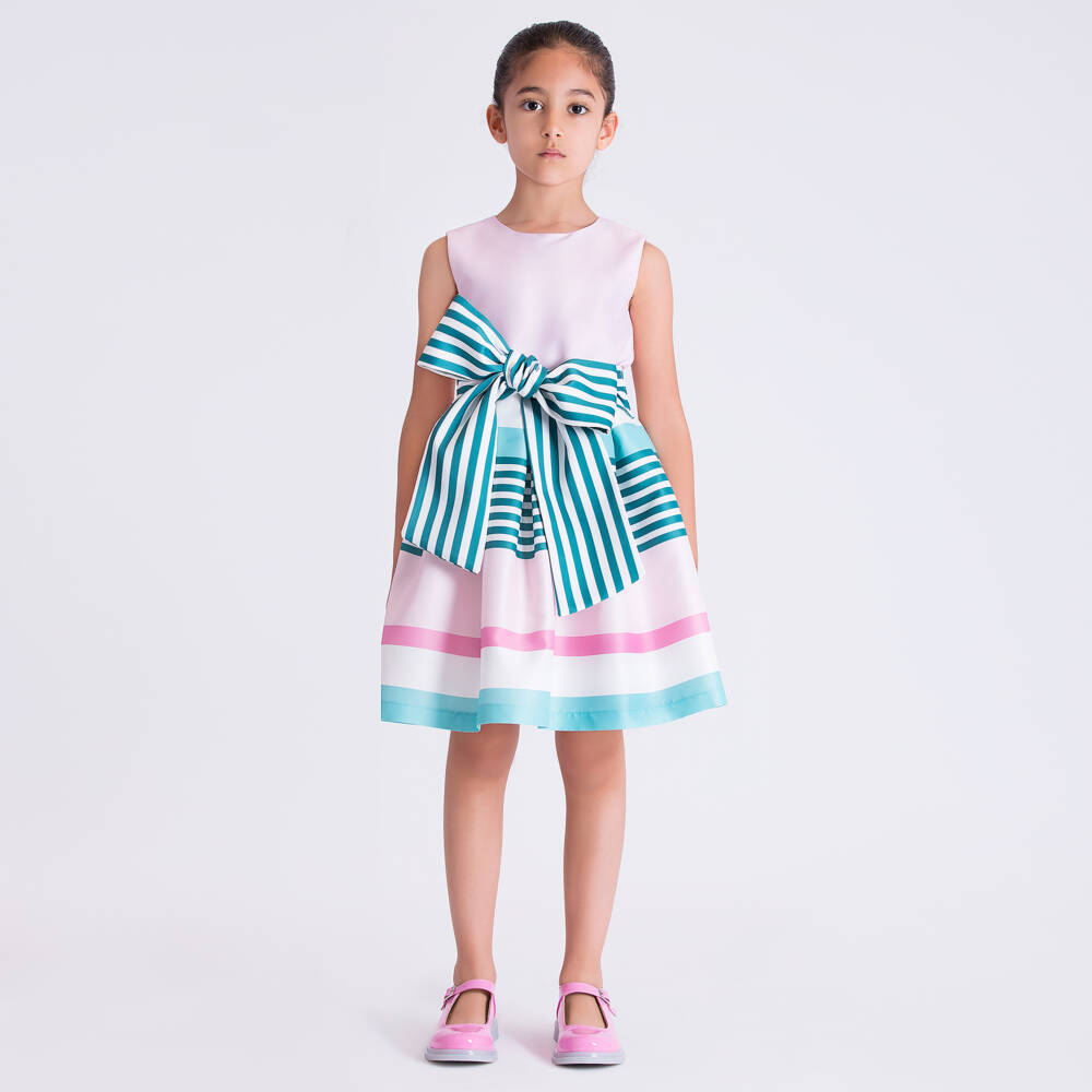 Mama Luma-Girls Pink & Green Striped Satin Dress | Childrensalon
