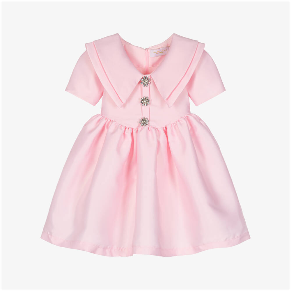 Mama Luma-Girls Pink Satin Dress with Diamanté Buttons | Childrensalon