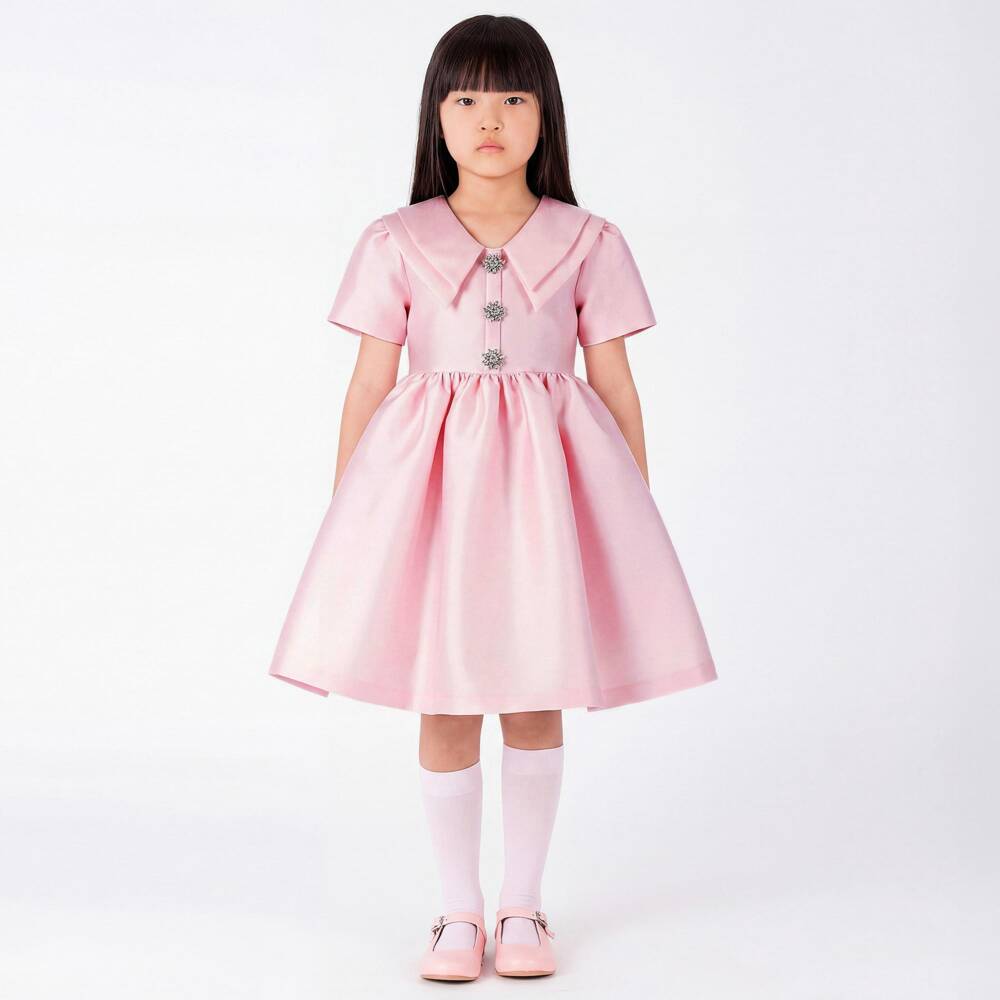 Mama Luma-Girls Pink Satin Dress with Diamanté Buttons | Childrensalon