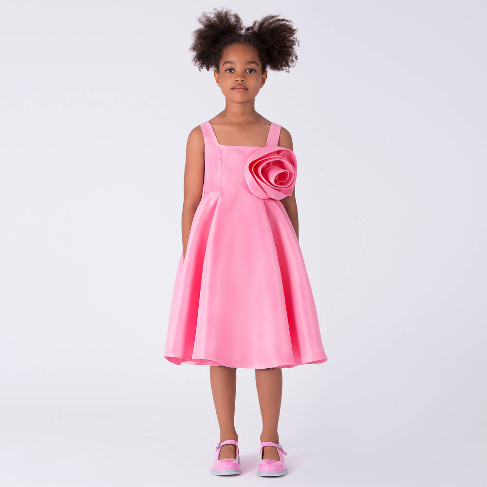 Mama Luma-Girls Pink Satin Dress with Oversized Floral Appliqué | Childrensalon