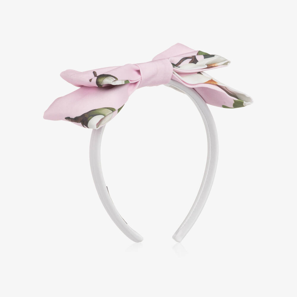 Mama Luma-Girls Pink Satin Hairband with White Floral Print | Childrensalon