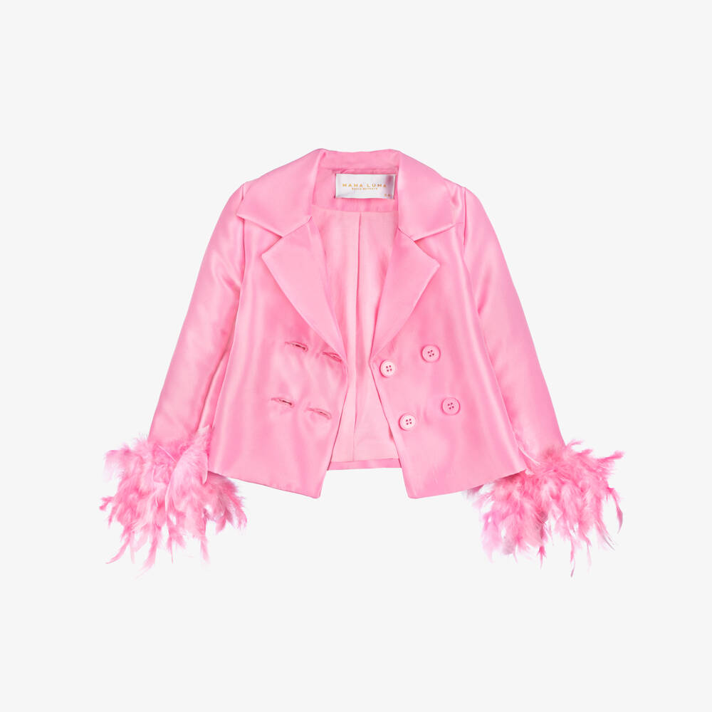 Mama Luma-بليزر ساتان تويل مزين بالريش لون زهري للبنات | Childrensalon