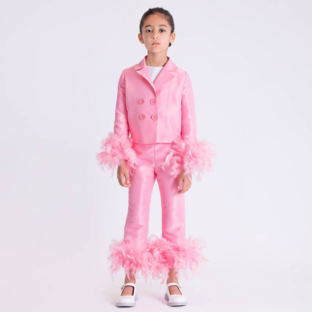 Mama Luma-Girls Pink Satin Twill Blazer with Feather Trim | Childrensalon