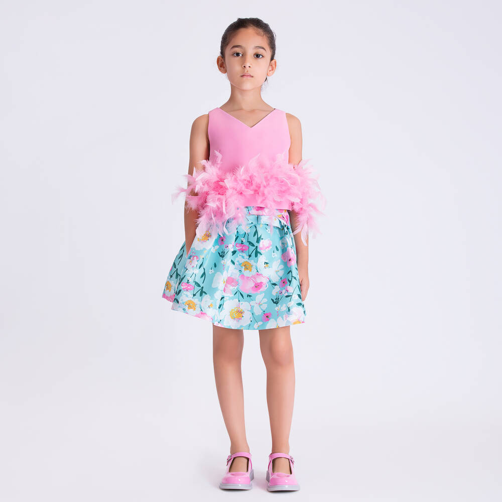 Mama Luma-Girls Pink Satin Twill Blouse with Feather Trim | Childrensalon