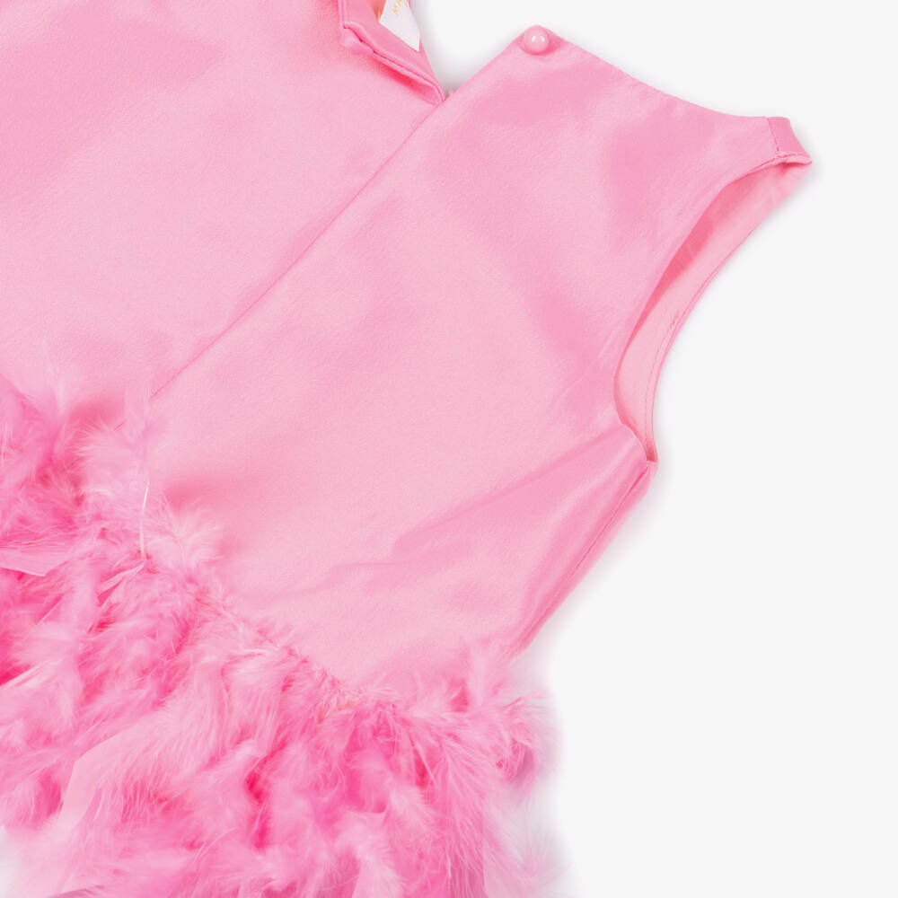Mama Luma-Girls Pink Satin Twill Blouse with Feather Trim | Childrensalon