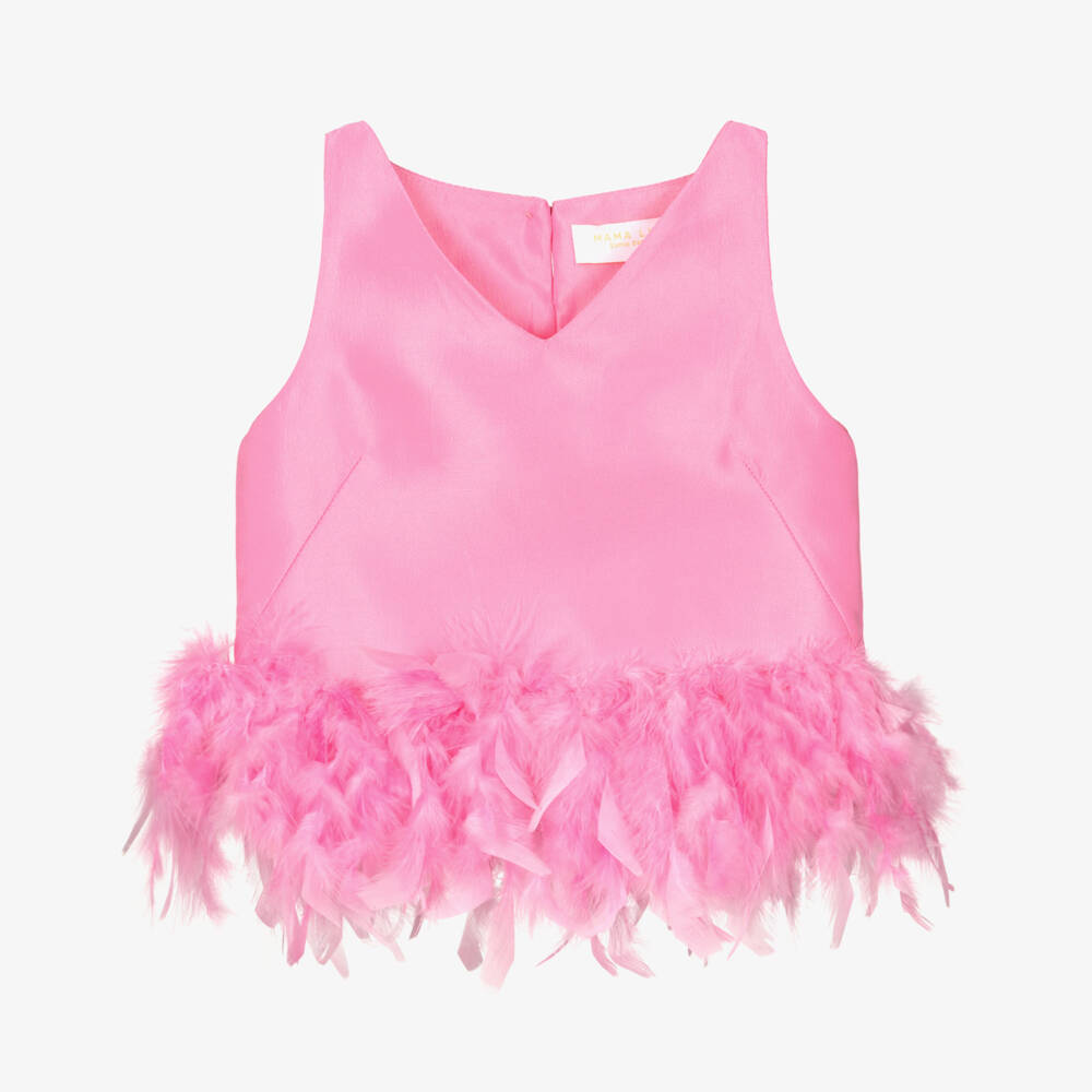 Mama Luma-Girls Pink Satin Twill Blouse with Feather Trim | Childrensalon